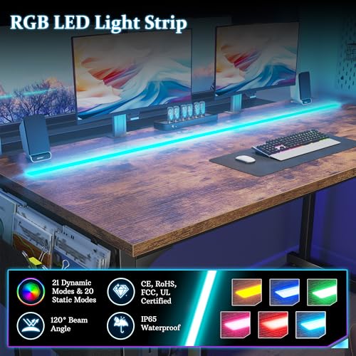 Image of DurayLoly 32 inch Computer Desk with Waterproof LED Lights,Bedroom Study Desk for Teens,Dorm Room Essentials,Headphone Hook&Storage Bag for Small Spaces,Sturdy Metal Frame,Rustic Brown