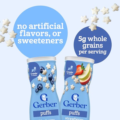 Image of Gerber Baby Puffs, Strawberry Apple and Blueberry Puffed Grain Snack, Stage 3 Baby Snacks, Variety Pack, 12-Pack