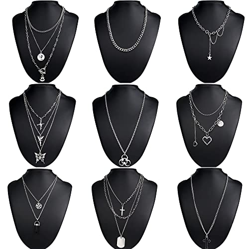 Joerica 9 Pcs Chain Necklace Egirl Cool Goth Punk Layered Necklaces For Women Men Butterfly Heart Black Crystal Cross Pendant Choker Necklace Set Y2K Emo Jewelry #TOP6