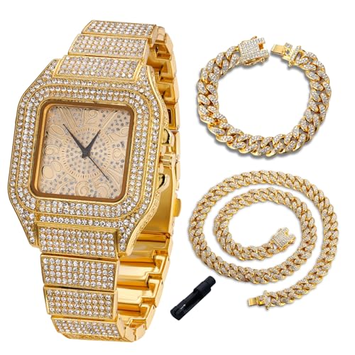 Image of Halukakah Diamonds Watch Iced Out for Boy Teens Kids - 18K Real Gold /Platinum Plated,Arabic Numerals Square Dial,Japanese Quartz - 7.3 inch Length - Optional with Cuban Link Chain - for Birthday,Parties