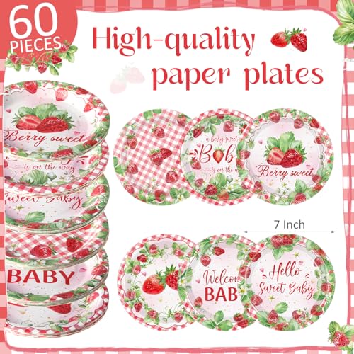 Image of Funnymoom 60 Pcs 7 Inch Strawberry Baby Shower Paper Plates a Berry Sweet Baby Is on The Way Party Decorations Strawberry Gingham Disposable Dessert Cake Plates Birthday Party Supplies