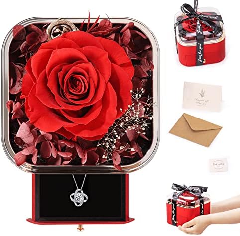 SofLiv Preserved Flowers Rose Gifts for Women - Eternal Roses in a Box Rose Jewelry Box with 925 Jewelry Sets Rhinestone Choker Necklace on Valentines Day Christmas Anniversary Birthday Gifts for Her