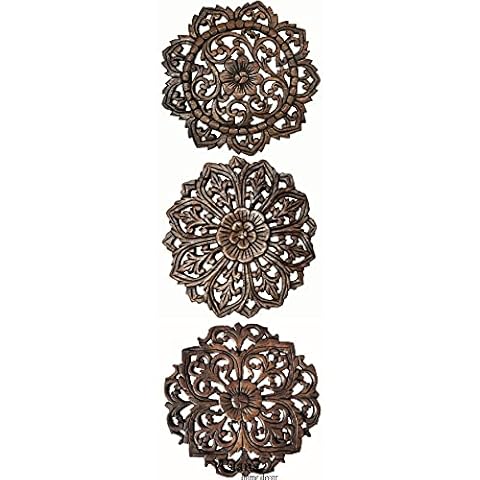 Set of 3 Carved Wood Wall Plaques. Floral Wood Wall Hanging. Rustic Wood Wall Decor. Brown.Size 12" Round Cover