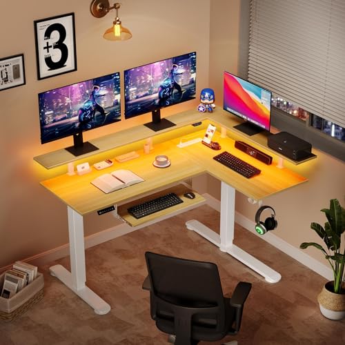 Image of Rolanstar L Shaped Standing Desk with Keyboard Tray, Height Adjustable Corner Desk with LED Light & Power Outlet, Electric Sit Stand Computer Desk with Monitor Stand, Beige