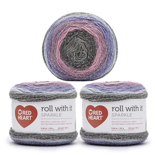 Image of Red Heart Roll with It Sparkle Gray Whisper Yarn - 3 Pack of 5.3oz /150g - Blend - 4 Medium (Worsted) - 561 Yards - Knitting /Crochet