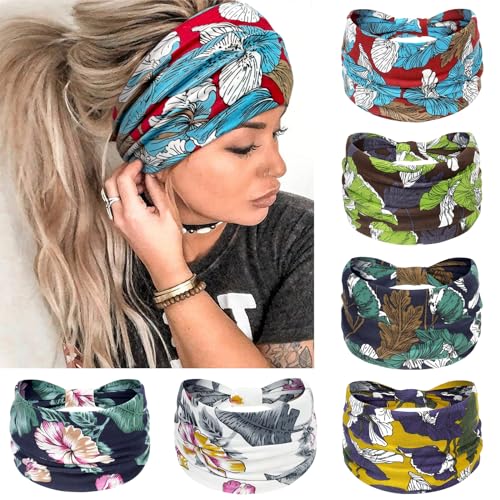 Awumbuk Wide Headbands for Women Knotted No Slip Head Bands Soft Turban Headband Hair Accessories Boho African Solid Color Head Wraps for Women Yoga Workout Pack of 6