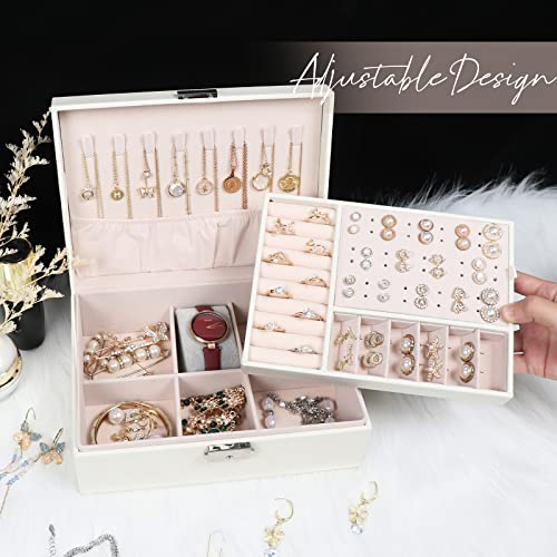 Jewelry Box for Women Girls,2 Layers Jewelry Organizer Container with Lock,PU Leather Storage Case with Removable Tray,Jewlwey Display Holder for Necklaces Earrings Bracelets Rings Watches - White - Image 6