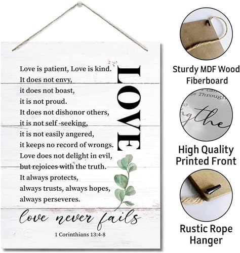 Image of ANGEL INFINITE Love Never Fails Wooden Wall Hanging Decor | 1 Corinthians 13:4-8 Bible Verse Sign | Rustic White MDF Plaque for Living Room, Bedroom & Home Entrance (25x20 cm)