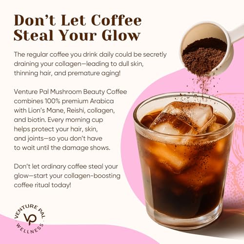 Image of Venture Pal Mushroom Coffee for Focus, Skin, Hair, Nails, Joints &Digestion | Adaptogenic Mushroom with Multi Collagen Peptide, Lions Mane, Reishi, Chaga, Biotin, Vitamin C - Low Caffeine & Calories