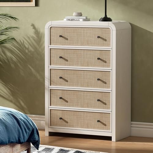 Image of Oak&Sparrow 5 Drawer Tall Dresser for Bedroom, 47'' Rattan Dresser with Ample Storage, Boho Chest of Drawers, Thickened Curved Profile Design, Oak Dressers for Bedroom, Living Room