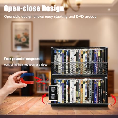 Image of DVD Blu ray Storage Rack, DVD Shelf Holds Up To 28 DVD Cases, Stackable Wood & Metal DVD Tower with Magnetic Opening Door for Easy Access, Desktop Organizer for CDs, Video Game, VHS Tapes