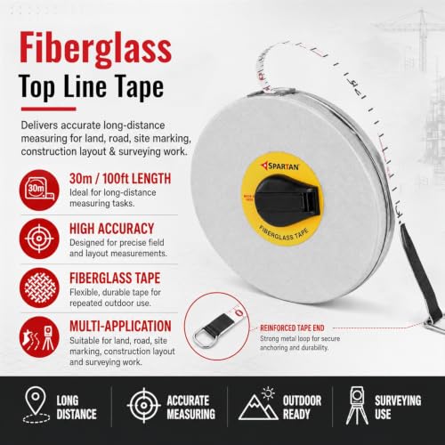 Image of SPARTAN FT30 Fiberglass Top Line Measuring Tape - 30m /100ft || Case Reinforced with Stainless Steel Band || Durable Winding Mechanism Handle and Stainless Steel Mouth with End Hook