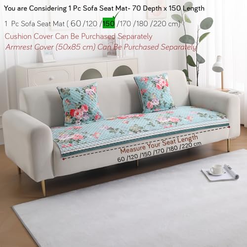 Image of HOKIPO 'LiefNest' Holland Velvet Sofa Cover Mat with Foam Filling for 1 /2 /3 Seater & L-Shape Sofa. Make Your Own Sofa Cover Set, Mat Size: 150(L) cm, Fresh Floral Pastel Blue (IN-823-D3)