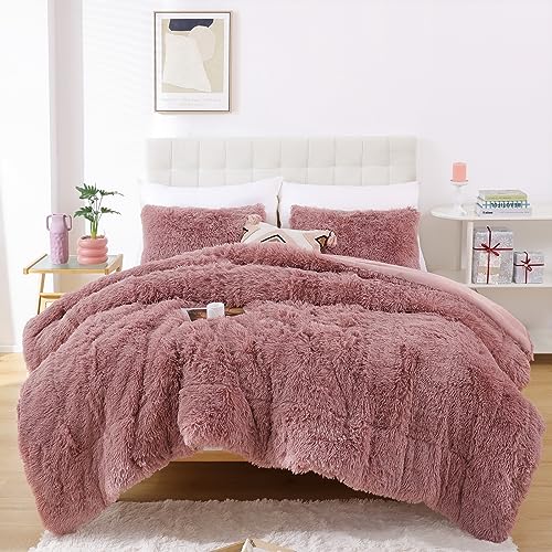 Smoofy Fluffy Queen Comforter Set, Faux Fur Comforter Set Queen Size, Luxury Fuzzy Bedding Set, Soft Shaggy Bed Set for All Season, 3 Pieces - 1 Comforter & 2 Pillowcases, Violet Pink