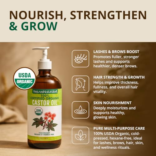 image for RejuveNaturals Castor Oil (16oz Glass Bottle) USDA Certified Organic, 