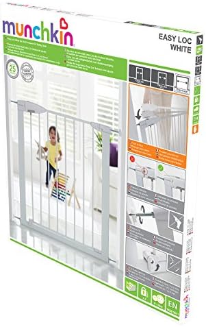 Munchkin Safety Gate Easy Lock, Baby Gate for Doors and Stairs, Child Stair Gate for Widths 73 to 79cm, Stair Gate Pressure Fit - No Screws, One-Handed Opening and Opens Both Sides, Metal, White