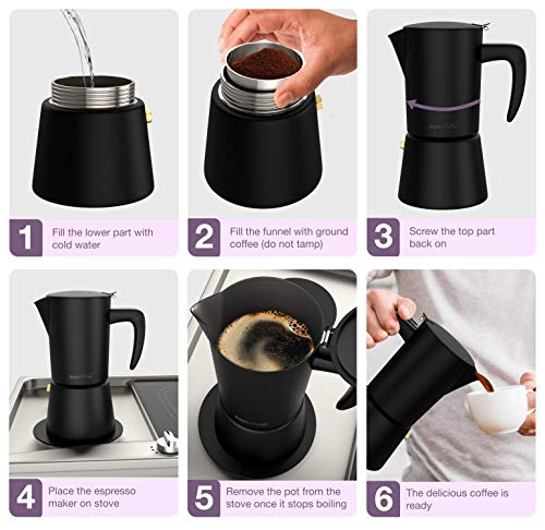 bonVIVO Intenca Stovetop Espresso Maker - Luxurious Italian Coffee Machine Maker, Stainless Steel Espresso Maker Full Bodied Coffee, Espresso Pot For 5-6 Cups, 10 oz Moka Pot Black Finish - Thumbnail 2