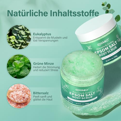 Körperpeeling mit Eukalyptus und Bitterminze, Körperpeeling Damen, Spendet Feuchtigkeit und Pflegt Die Haut, Lindert Muskelverspannungen, Badesalz für Muskelbäder, 300 g