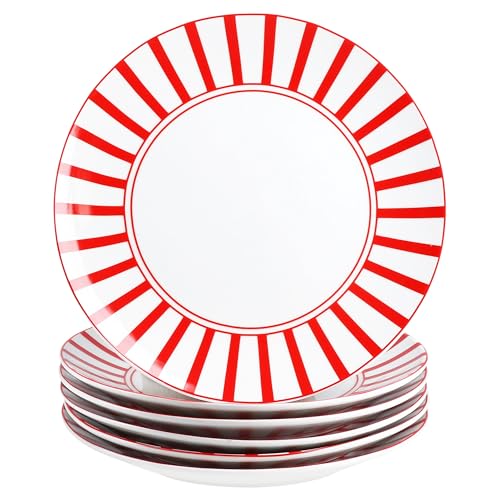 MamboCat Lot de 6 assiettes à gâteau Split rouges - Assiettes à petit-déjeuner en porcelaine blanche avec rayures pour 6 personnes - Petites assiettes pour...