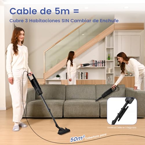 Verslife C8PRO Aspirateur Balai avec Fil 60 KPA 600W, Aspirateur Balai Filaire avec Buse sans Balai, Câble de 5M, Filtre HEPA, Tube Télescopique, adapté Aux Sols, Tapis et Rideaux – Image 6