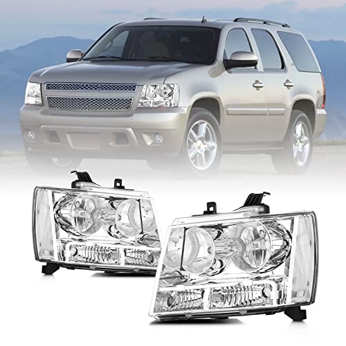 CMVT Auto Headlights Assembly Compatible with 2007 2008 2009 2010 2011 2012 2013 2014 Chevy Tahoe Suburban 1500 2500/07-13 Avalanche HeadLamp (Chrome Housing Clear Reflector)