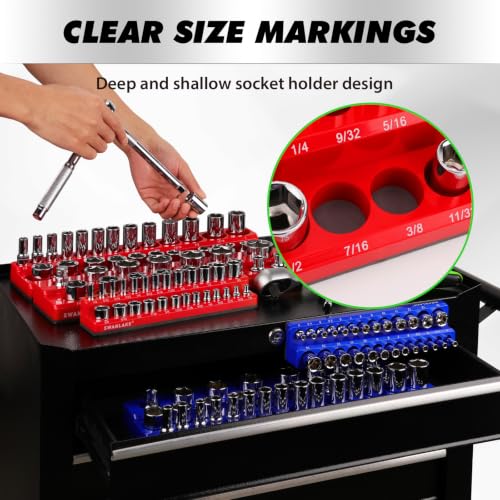 Image of 8-Piece Magnetic Socket Organizer Set, SAE & Metric Socket Holders for 1 /4 inch, 3 /8 inch, 1 /2 inch Drive, Holds 199 Sockets, Rubber-Coated Toolbox Storage Trays, Blue and Red Tool Box Organizer