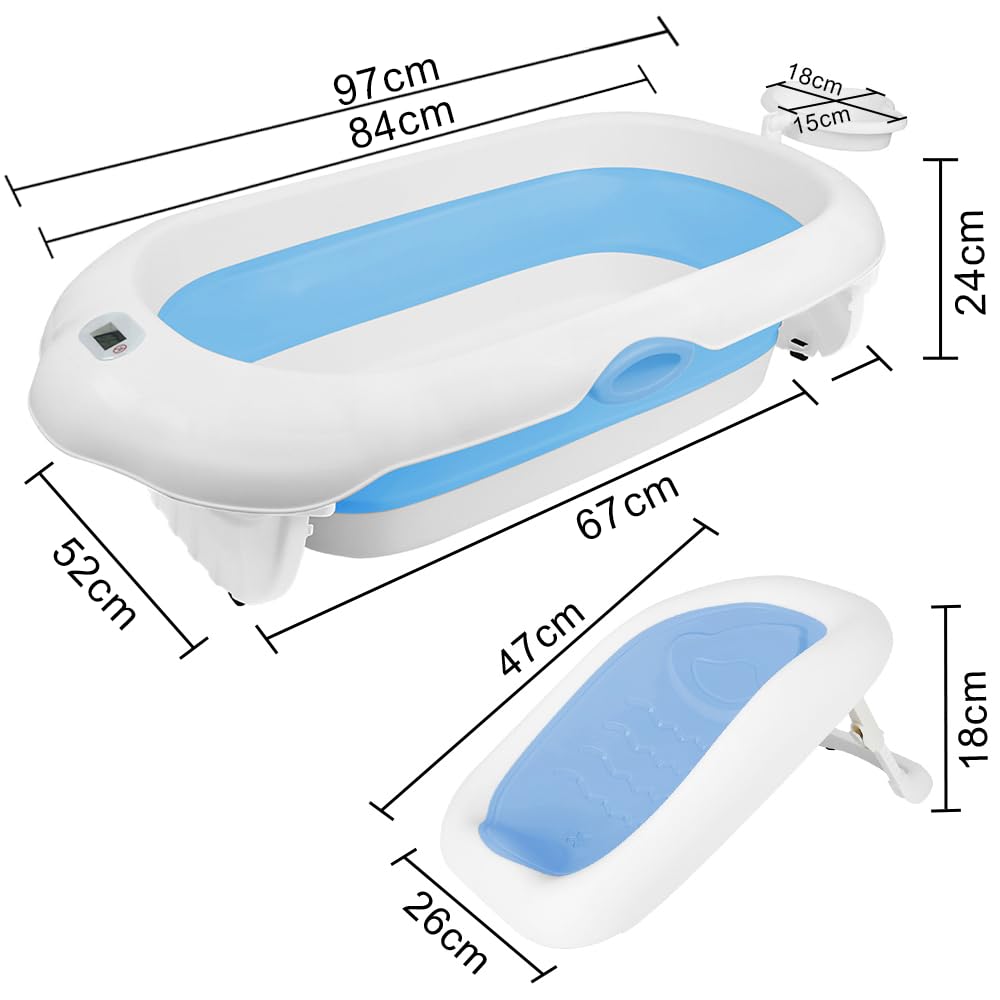 Homewell - Bañera de bebé plegable con cojín de baño para bebé y termómetro digital, bañera para el hogar y los viajes, fácil de limpiar (azul)