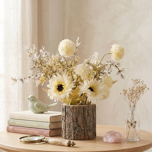 Image of Dekorly Artificial White Dry Daisy Flower with Real Wooden Vase (28CM Overall Height) | Decorative Lifelike Faux Floral Plant in Rustic Tree Log Pot for Living Room (White Dry Daisy)
