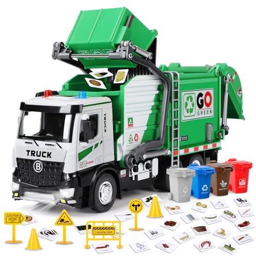 Charmofun Camião do lixo brinquedo com recipiente de lixo elétrico elevável, camião do lixo com luzes e som e mapas da cidade, camiões de brinquedo para crianças 3 4 5 6 7 8 anos