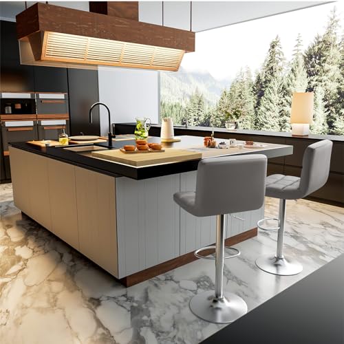 Image of Homall Bar Stools Modern Velvet Adjustable Swivel Barstools, Armless Hydraulic Kitchen Counter Bar Stool Extra Height Square Island Barstool with Back Set of 2 (Velvet, Gray)