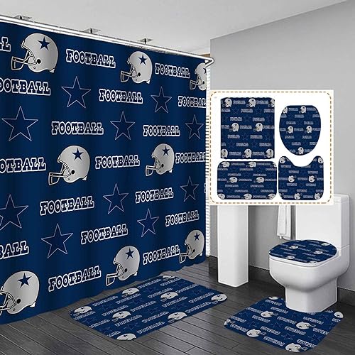 Namdeva 4PCS Sports Shower Curtain Set American Football Navy Blue Texas Star Grey Helmet Quotes Championship Touch Down Man Cave Bathroom Decor Non-Slip Bath Mat Toilet Rug Gifts for Men Husband