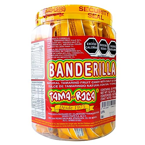 Banderilla Tama-Roca Tamarindo Mexican Candy Sticks. Contains 30 Pieces of Spicy Tamarind Candy With Salt And Chili.