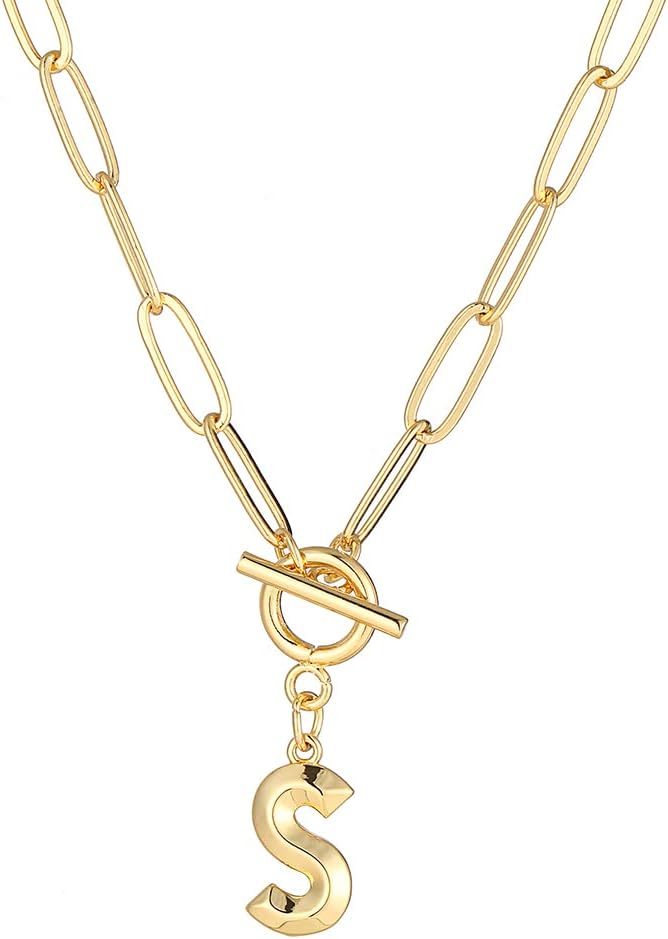 Eben-Ezer Toggle Clasp Capital A-Z Initial Necklace for Women Hiphop Plated Brass Alphabet Pendant Necklaces Thick Chain OT Buckle Necklace(P)