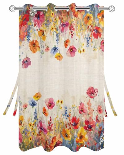 Image of Outdoor Waterproof Curtains, Oil Painting Vintage Floral Colorful Poppies Flowers Weatherproof Curtain Grommet Top and Tab Bottom Drape, Thermal Insulated Curtain for Patio Porch Gazebo Pergola