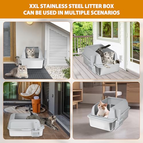 Edelstahl-Wurfkiste, XXL-Sieb-Wurfkiste für Kiefernpellets, Hochseiten-Metall-Wurfkastensystem für Großkatzen mit Kunststoffschaufel &10 Urinpads (8 Inch)