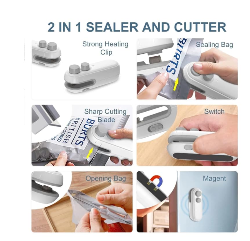 Image of ARISTOVA Portable Mini Sealing Machine | 2-in-1 USB Rechargeable Magnetic Bag Sealer with Cutter | Handheld Packet Sealer | Type C Charging Vacuum Sealer for Food, Snacks & Chips | Multi
