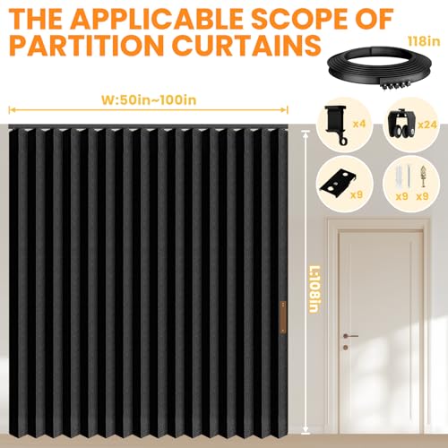 Image of Room Divider Curtain Sets with Flexible Ceiling Track, Privacy Soundproof Curtain for Bedroom Office Patio Sliding Door(Black, W100 x L108, 1 Pack)