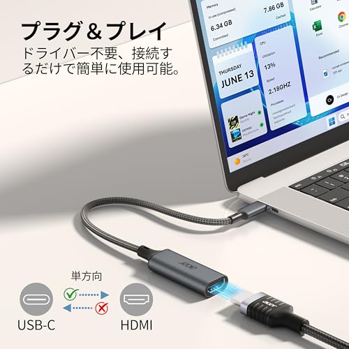 Acer USB Type C HDMI 変換アダプタ 4K@60Hz 【Thunderbolt 5/4/3 対応】タイプC HDMI 変換 ケーブル アダプター ナイロン編み 高耐久 Type-C アダプタ MacBook Pro/Air・iPad・iPhone 17/16 Pro/Pro Max・Galaxy S26/S25対応 ノートPC/タブレット/スマホ用