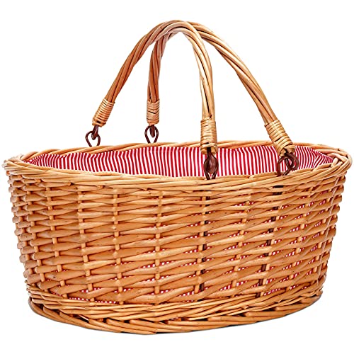TwentyNext Wicker Picnic Basket with Double Folding Handles, Natural Large Willow Hamper Empty Basket Cheap Easter Eggs Candy Storage Wine Basket for Toy, Flower, Wedding Gifts(Red 16inch)