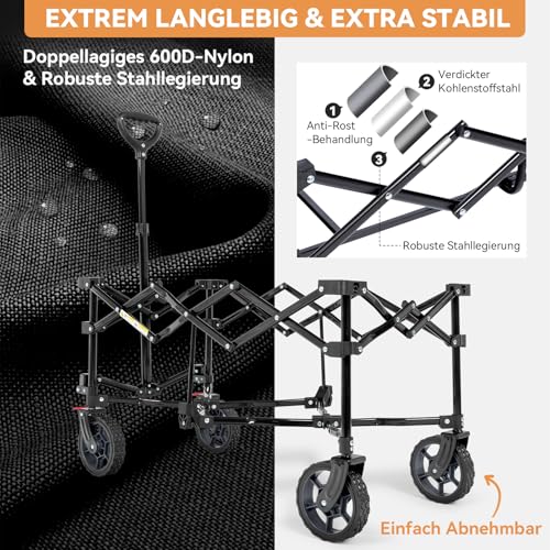 HIKENTURE Carro plegable de 135 l, carro plegable de 150 kg, carro de transporte plegable con Bremen, carro de mano plegable para camping, playa, carrito de la compra, color negro y gris - imagen 4