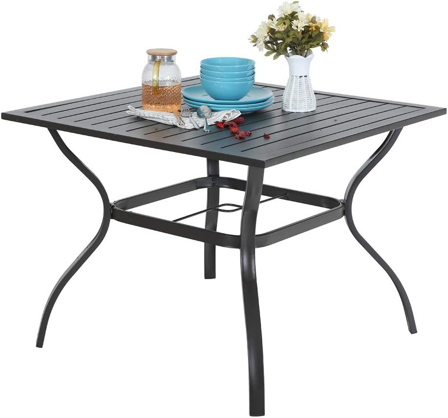 - Sophia & William 37" Square Patio Outdoor Dining Table with 1.57" Umbrella Hole, All-Weather Resistant Table with E-Coating for 4 People, Black Metal Steel Slated Table for Garden Backyard Poolside