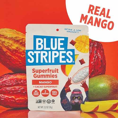 Blue Stripes Cacao Superfruit Gummies - Vegan Chewy Fruity Snack, No Sugar Added 100% Fruit Gummy, 9 Essential Vitamins & Minerals, Natural Tropical Superfood - Mango & Cacao Fruit, 3.2oz - image 6
