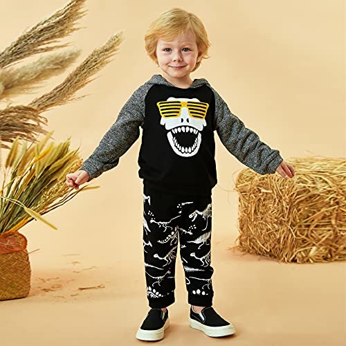 Image of HINTINA Baby Boys Dinosaur Long Sleeve Hoodie Tops Sweatsuit Pants Winter Outfit Set
