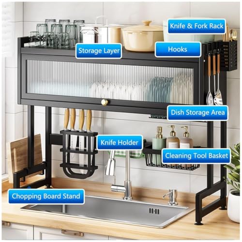 Image of Gvnd Over-The-Sink Dish Drying Rack with Dustproof Flip Cover Door | Multifunctional Adjustable Metal Kitchen Countertop Organizer (Black, 85x80x29Cm)