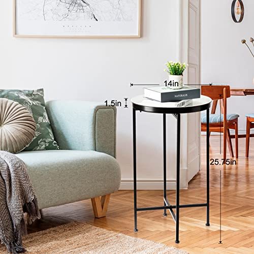 Teokj Black Accent Table, Folding Round Black Metal Side Table With Tray Top Waterproof Small Nightstand Circle End Table For Bedroom Living Room Small Spaces 25.75 Inch Black + White #TOP2