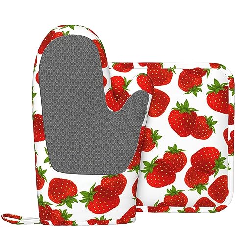 Set di guanti da forno e presine in silicone, motivo fragola, resistenti al calore, guanti da barbecue per cucina, cottura al forno, grigliare e microonde