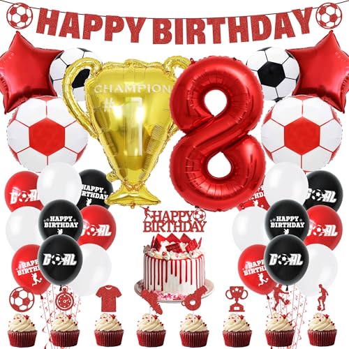 Fußball 8. Geburtstag Party Dekorationen – Fußball Kuchen Topper Luftballons Happy Birthday Banner Partyzubehör für Jungen, Rot Sport Thema Dekoration für 8 Jahre alte Kinder und Fans