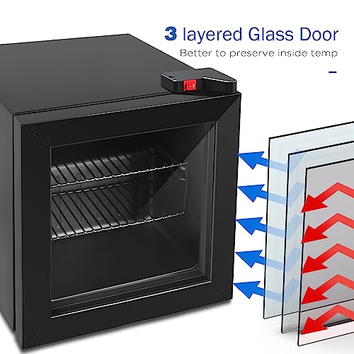 ADT Mini with Display Glass Door 1.1 Cu Ft Small Freezer with 2 Removable Shelves 7 Temperature Settings -8°F to 14°F Perfect for Liquor and Ice Cream