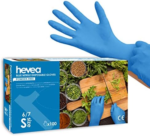 Hevea - Disposable nitrile gloves. Powder- and latex-free. Pack of 5 boxes with 100 gloves each. Size: S (Small). Colour: Blue