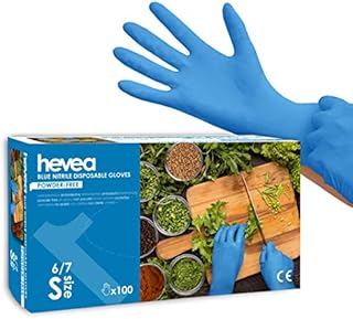 Hevea - Disposable nitrile gloves. Powder- and latex-free. Pack of 5 boxes with 100 gloves each. Size: S (Small). Colour: Blue